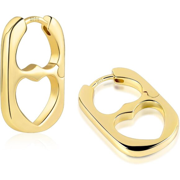 925 Sterling Silver Heart Rectangle Hoop Earring Women Geometric Hypoallergenic - Picture 1 of 6